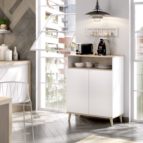 Mueble auxiliar cocina Wok blanco y roble natural 102x80x40 cm