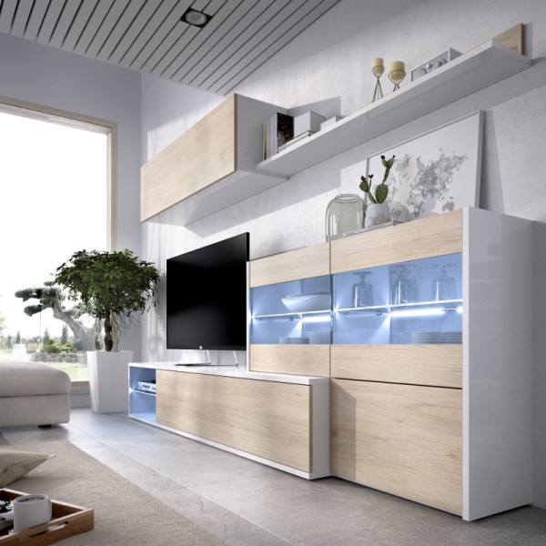 Mueble de salón TV con vitrinas y leds Uma blanco brillo y roble natural 180x260x41 cm