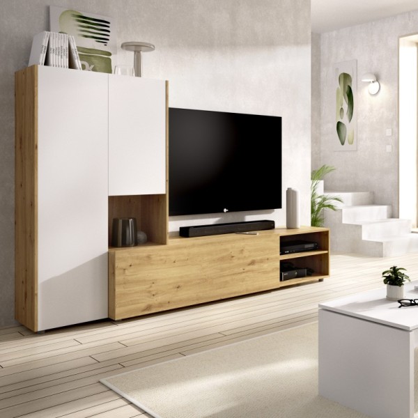 Mueble de salón TV Kei roble nordic y blanco 140.6x227x40 cm