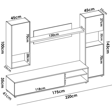 Mueble de salón TV Luka blanco y roble nordic 180x220x41 cm