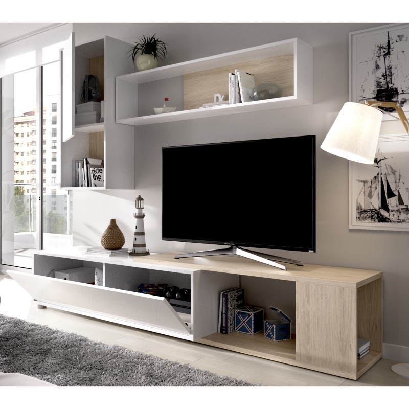 Mueble de Salón Tv. Blanco Brillo y Grafito