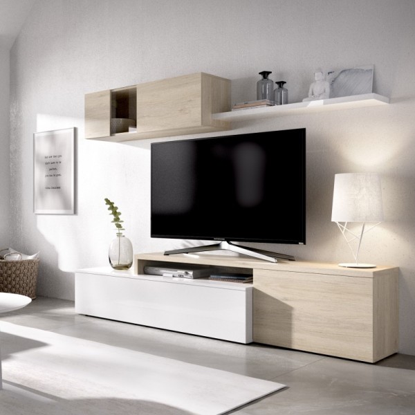 Mueble de salón TV Elle blanco brillo y roble natural 180x201x41 cm