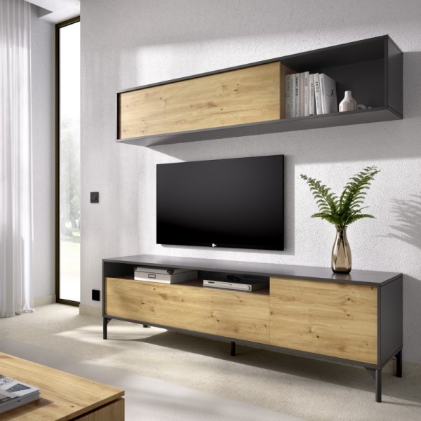 Mueble de salón TV Bonn roble nordic y grafito 180x180x41 cm