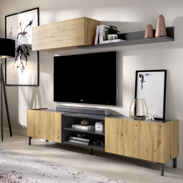 Mueble de salón TV Tass roble nordic y grafito 180x182.4x35 cm