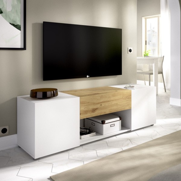 Mueble de TV Kuo blanco y roble nordic 44.7x138.4x35 cm