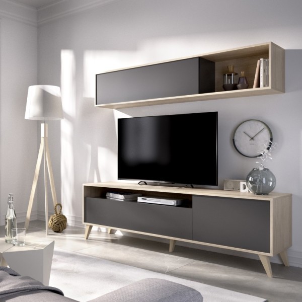 Mueble de salón TV Bonn roble natural y grafito 180x180x41 cm