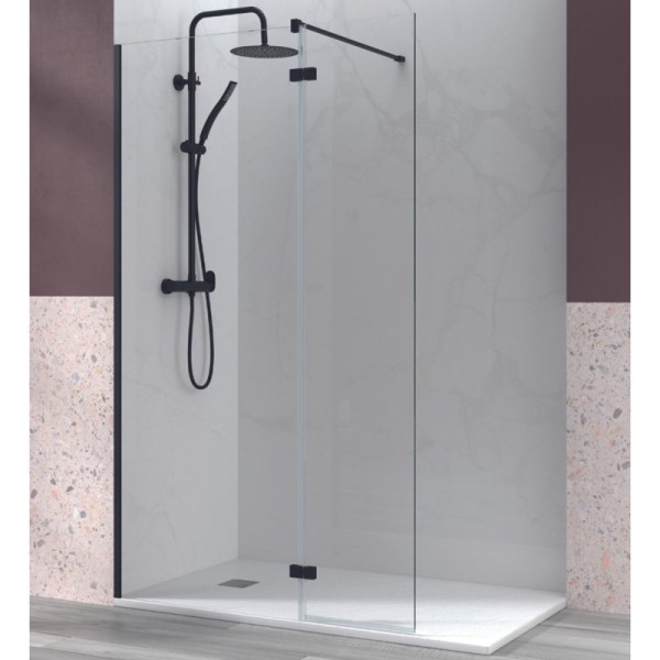 Panel de ducha Manacor 1 fijo + 1 puerta abatible perfil negro mate cristal transparente antical 70-100 cm + 40 cm