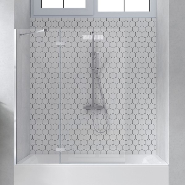 Biombo de bañera frontal Zahara 1 fijo + 1 puerta abatible perfil cromo brillo cristal transparente con antical 50+70cm