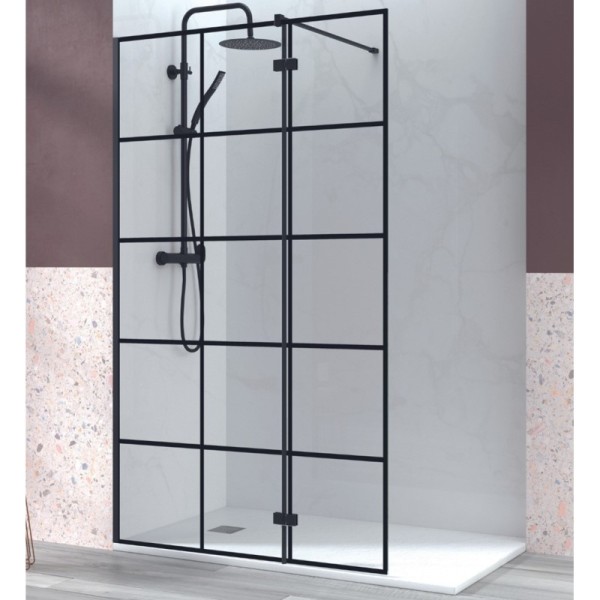 Panel de ducha Manacor cuadrícula 1 fijo + 1 puerta abatible perfil negro mate cristal transparente antical 70-100 cm + 40 cm