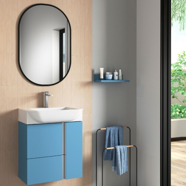 Conjunto mueble de lavabo Versa55 suspendido azul island mate tirador cromado o negro 55x65x37 cm fondo reducido