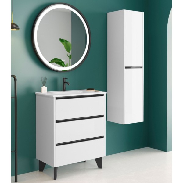 Conjunto mueble de lavabo Siena a suelo blanco brillo tirador negro 70/80 cm fondo reducido