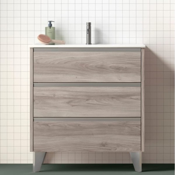 Conjunto mueble de lavabo Escorpio a suelo pino gris tirador cromo brillo 60/70/80/100 cm