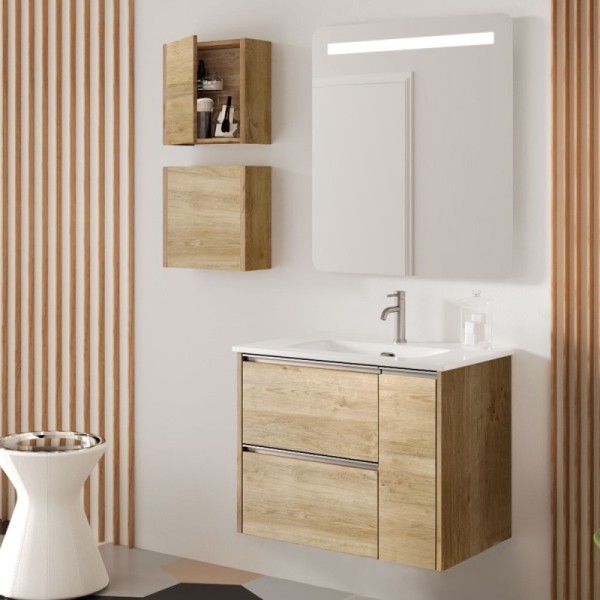 Conjunto mueble de lavabo Praga suspendido roble natural tirador cromo brillo 70/80/100 cm