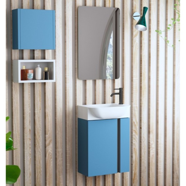 Conjunto mueble de lavabo Versa45 suspendido azul island mate tirador cromado o negro 45x65x32 cm fondo reducido