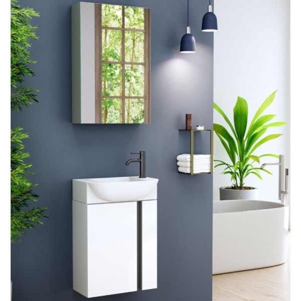 Conjunto mueble de lavabo Versa45 suspendido blanco brillo tirador cromado o negro 45x65x32 cm fondo reducido