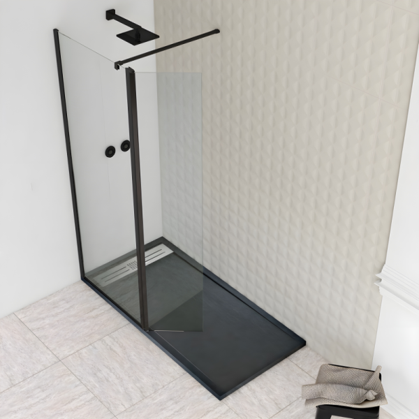 Panel de ducha Combi negro mate 1 fijo + 1 puerta abatible Transparente (serigrafía opcional) 60/70/75/80/90/100/110/120 + 40 cm
